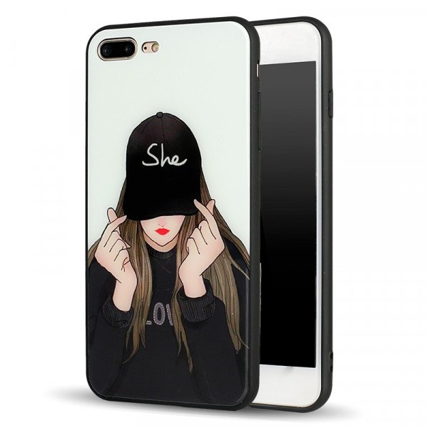 Wholesale iPhone 8 Plus / 7 Plus Design Tempered Glass Hybrid Case (She Girl)